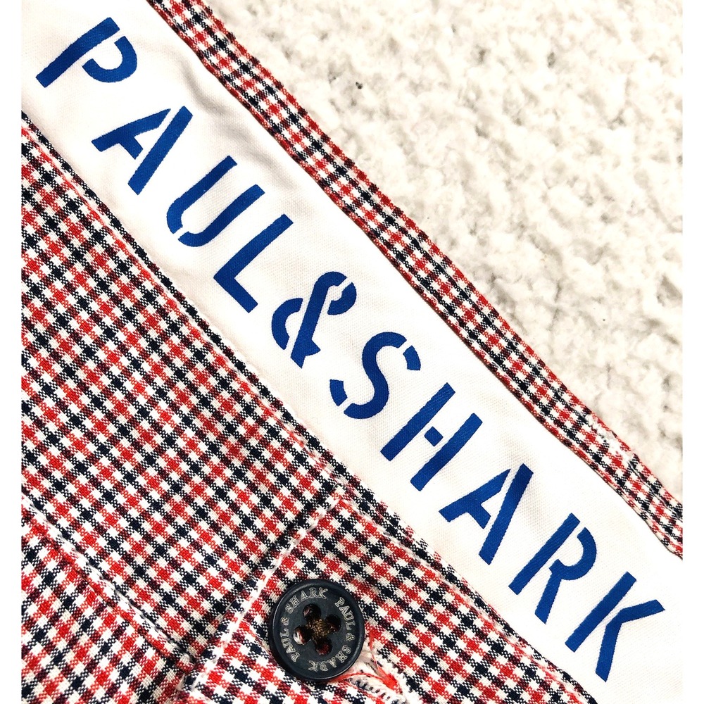 Paul & Shark Chino‎ Shorts Bermuda Mens 40 Red Black White Check Stretch 12" Ins